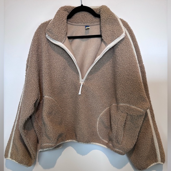 Tan Sherpa Fleece Quarter-Zip Pullover – Women’s XXL Cozy Teddy Jacket - Picture 1 of 8